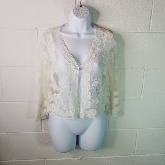 Vtg 90a y2k white mesh sheer one button cardigan - Picture 2 of 9